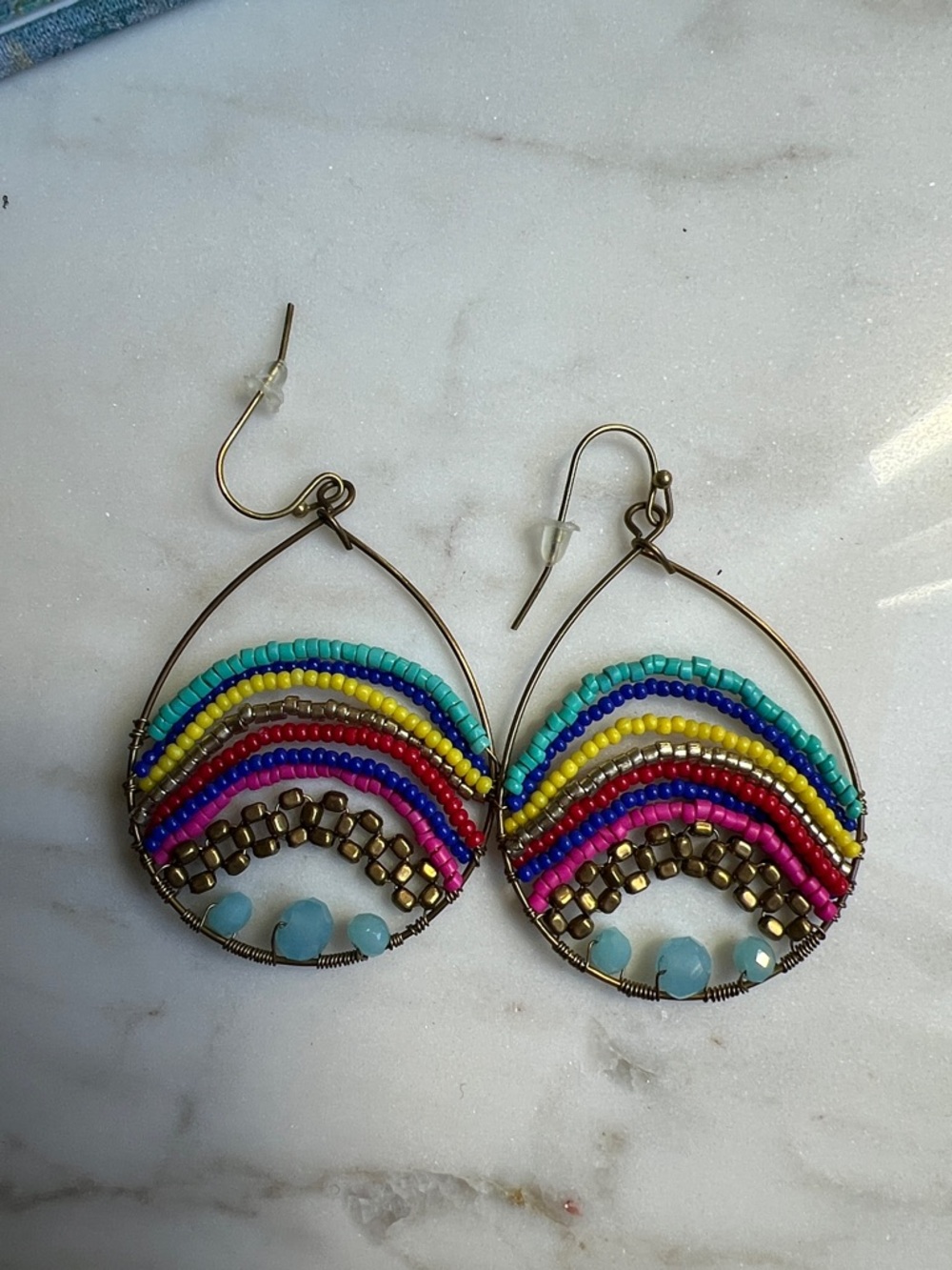 Handcrafted Multicolor Beaded Teardrop Earrings - Blue, Yellow, Pink, Red